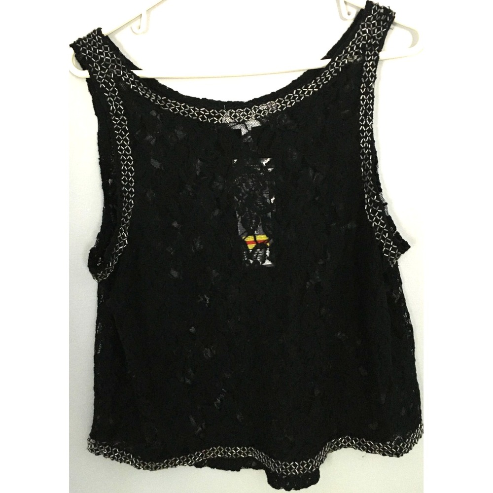 Jennifer‎ Lopez Shirt Womens L Black Lace Sheer Beaded Trim Tank Sleeveless NWT